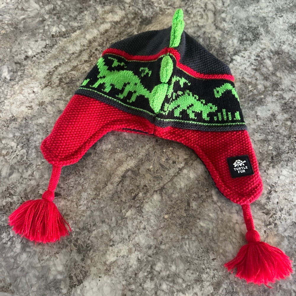 Turtle Fur Kids Dinosaur Knit Trapper Hat Fleece Lined Earflap Beanie Red Black